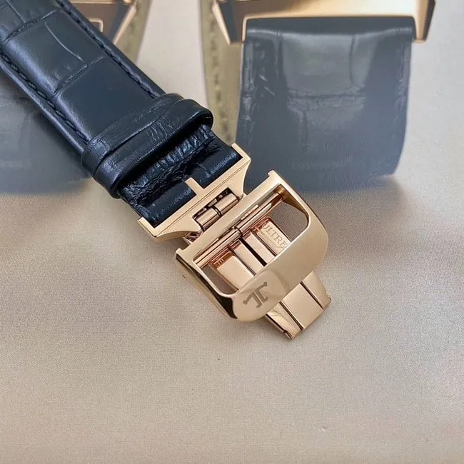 top-tier watch Jaeger-LeCoultre men's white dial black belt manual winding flip series leather strap watch front view