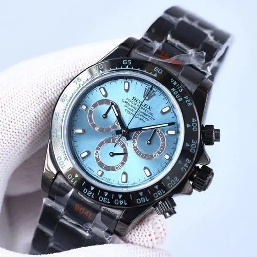 Rolextop-tier automatic multifunctional carbon black Di men's blue dialsteel bracelet mechanical watch front view