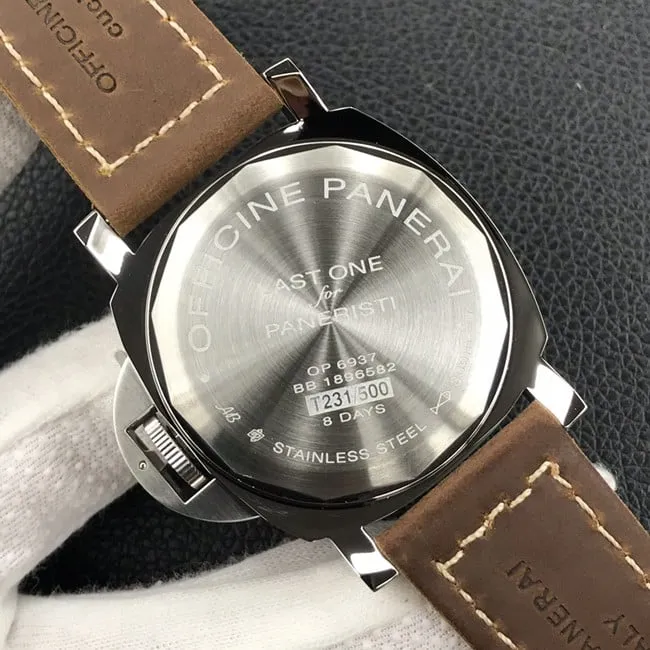 HW factory Paneraireplica watch men's green dial brown belt manual mechanical leather strap watch side view