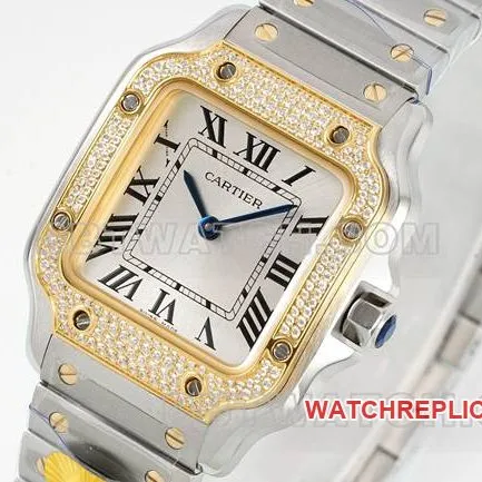 1:1replica watch Santos Cartiersilver dialyellow gold set with diamond bezelquartz movementside live photo
