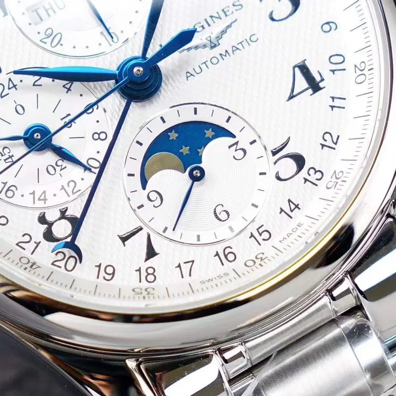 Longines famous watch KL eight-pin moon phase men's multi-functional steel bracelet mechanical watch detail shots