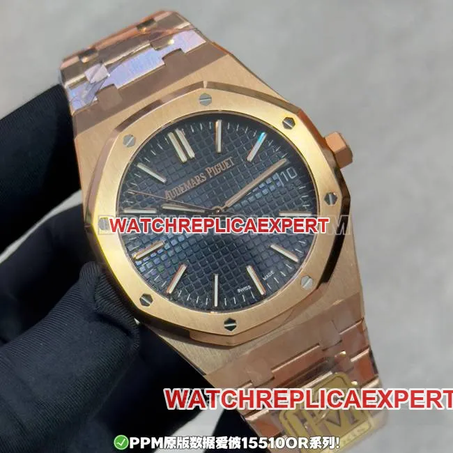 Watch PAM Factory Royal Oak from Audemars Piguet with blue dial, rose gold and steel strap, real product photos.