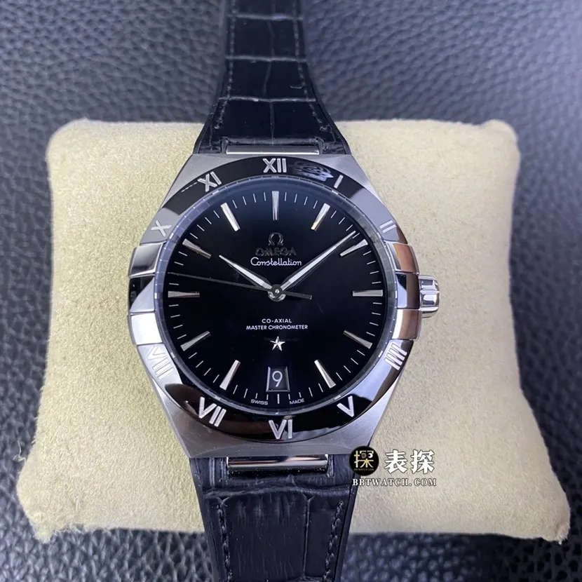 SBF factory Omega constellation watch men's black dialleather strap model pictures and prices side live photo