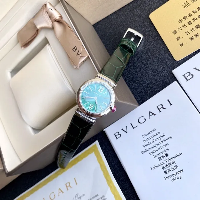 top-tier watch Bvlgari women's blue dial green strap LVCEA series quartzleather strap watch side view