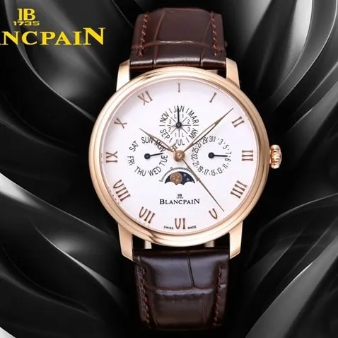top-tier watch Blancpain classic series 6656 men's white dial brown belt automatic movementleather strap watch front view