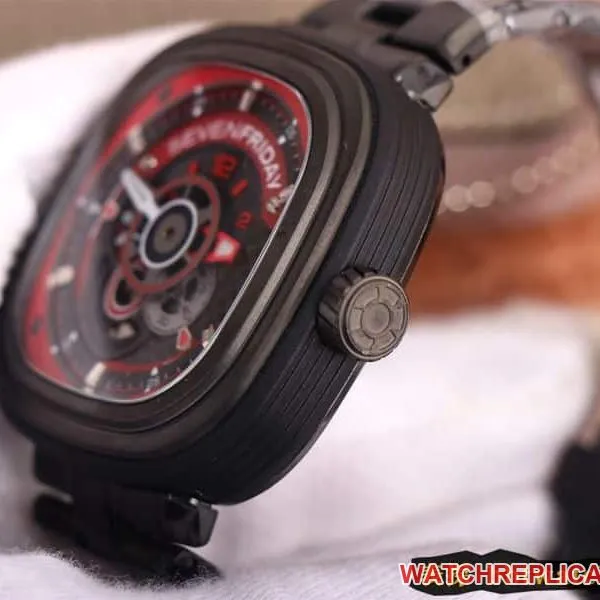 watch seven day display five red and black colors lead the trend SEVENFRIDAY/automatic movementmen's watch Swiss steel bracelet large dial all black side view