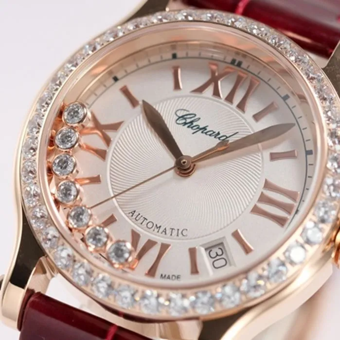top-tier watch Chopard women's white dial red strap HAPPY DIAMONDS series mechanical watch clasp picture