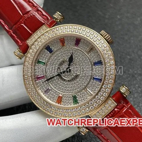 Frank Muller collectible watch quartzABF factory diamond plate gold diamond bezel red leather braceletside live photo