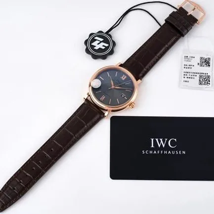ZF Factorytop-tier watch IWC black dial brown belt Portofino series leather strap automatic movement watch side view