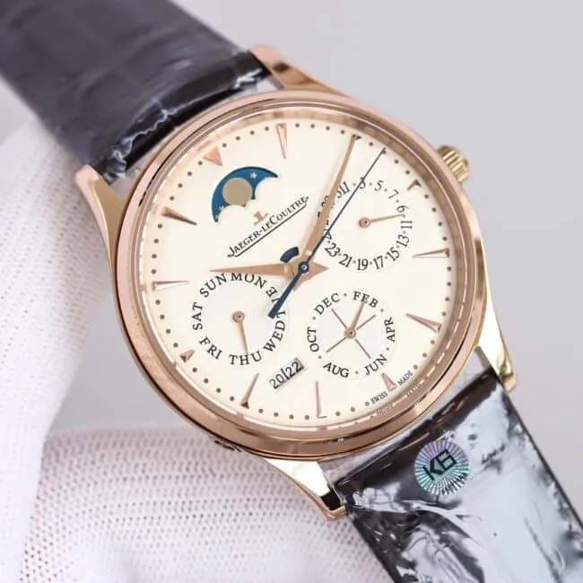 TW factory top-tier watch Jaeger-LeCoultre master moon phaserose goldwhite dial perpetual calendar automatic movement men's watch front view