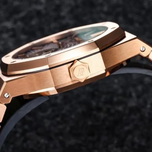 The top-tier super cloneR8 factory recently released the new 2022 Audemars Piguetrose gold gray dial Royal Oak self-winding tourbillon watch side view