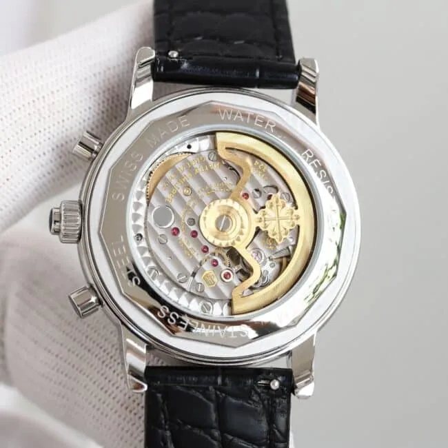 top-tier watch Patek Philippe super complex function chronograph series white steel white bottom men's mechanical watch side view