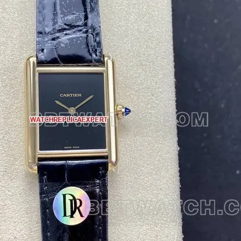 collectible watch DR factory Cartier tank black dial gold case quartz black braceletside live photo