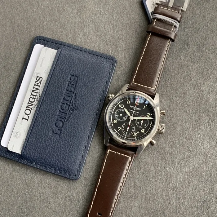 top-tier watch Longines men's black dial pioneer series leather strap watch bracelet picture