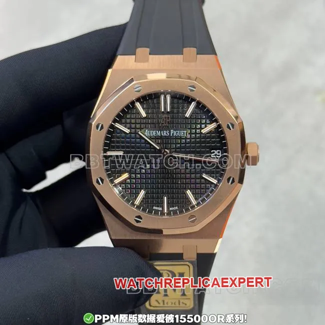 PPM Factory Top Audemars Piguet Royal Oak Black Dial Rose Gold Rubber Strap 15500 Side Real Shot Images