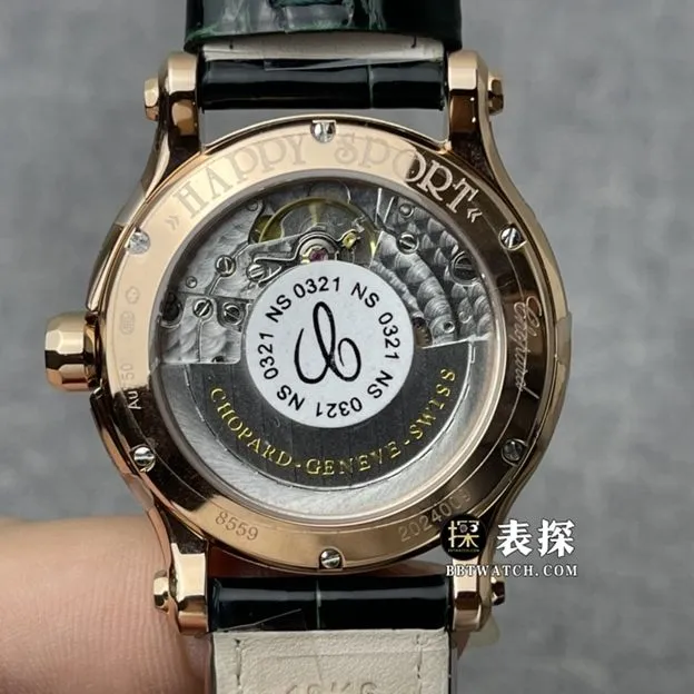 YF factory Chopard ladies happy diamond top-tier 1:1high-quality watch green mother-of-pearl plate leather strap model pictures and prices caseback live photo