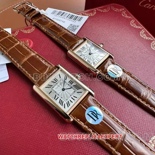 watch DR factory tank Cartier silver gray plate rose gold case quartz brown braceletside live photo
