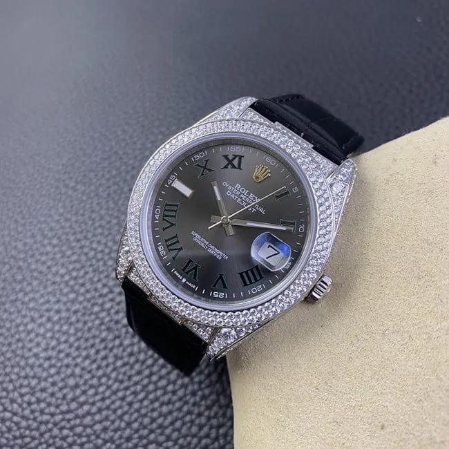 Top-tier watch Rolex men's black dial black belt Datejust series fully automatic movementleather strap watch back cover picture