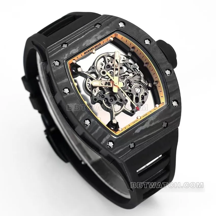 BBR factory Richard Mille men's hollow plate golden inner ring RM055 carbon fiber caseback live photo