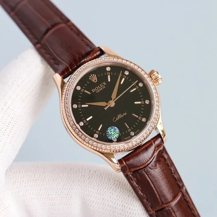 Top Rolex Ladies' Cellini series black dial leather strap watch, front view