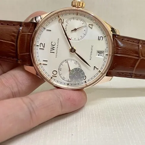 top-tier watch IWC men's white dial brown belt Portuguese 7 series natural diamond automatic movementleather strap watch clasp picture
