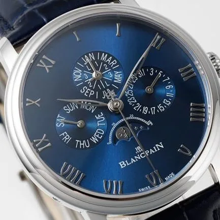 Top watch Blancpain men's blue dial blue strap classic series manual mechanical leather strap watch side view
