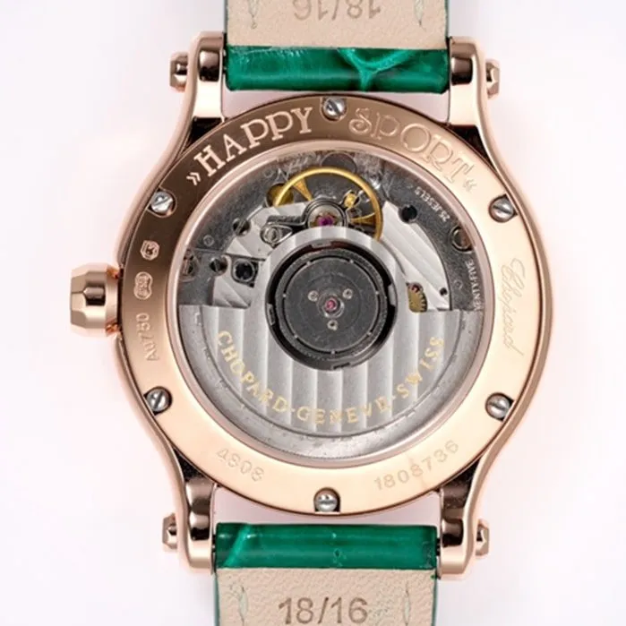 High Chopard women's watch, black dial, green strap, HAPPY DIAMONDS series, mechanical leather strap, side view