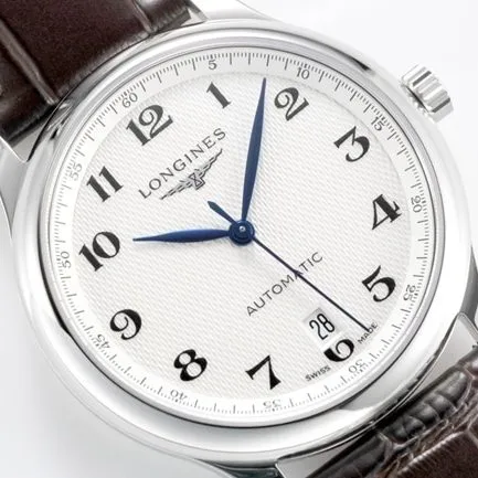top-tier replicaLongines men's white dial brown belt new famous series leather strap mechanical watch front view