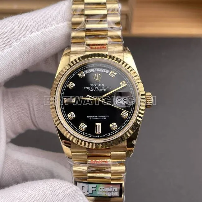 top-tier watch QF factory Day-DateRolexblack dialyellow gold2836 mechanical 36mmfront live photo