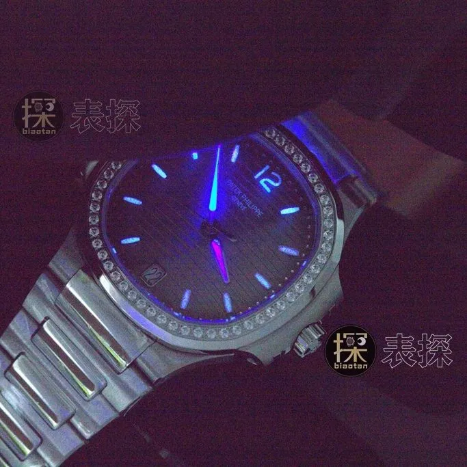 3K Factory sporty and elegant Patek Philippe1:1replica watch lume gray black with diamond bezelsteel bracelet model 7118/1200A-011lume effect