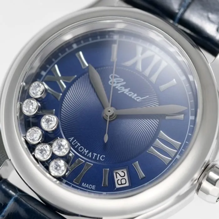 top-tier watch Chopard women's blue dial blue belt happy diamond series watch side view