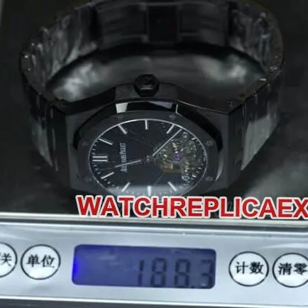 R8 factory top-tier replicaAudemars PiguetRoyal Oak series tourbillonmovement men's all black all automatic movementsteel bracelet watch clasp picture