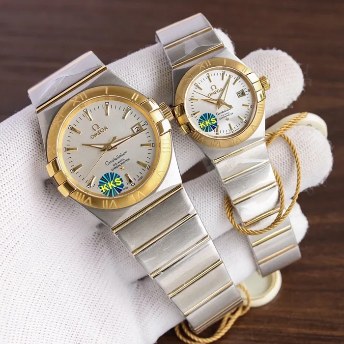 Omegaomega double eagle constellation series couple watch detail shots