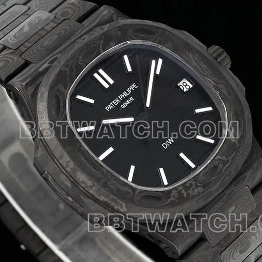Patek Philippe1:1replica watch DIW factory Nautilusblack dial carbon fiber mechanical black steel bracelet model 5711side live photo
