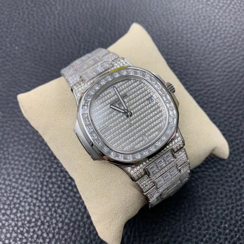 Patek Philippe Nautilus 5719/1G-001 Full Paved Diamond & Baguette Diamond Bracelet Watch