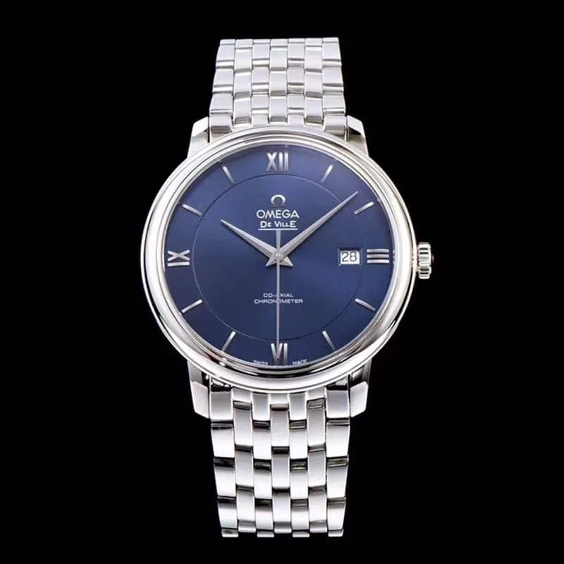 super cloneOmegatop-tier watch De Ville series men's mechanical ultra-thin watch white steel blue face detail shots