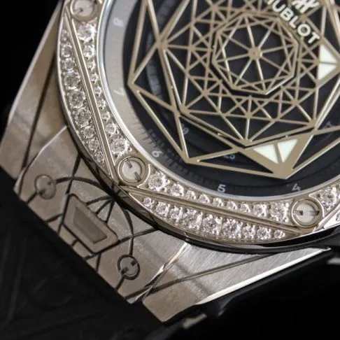 top-tier watch Hublot series tattoo OEM1:1 open mold white steel black dial ring diamond men's mechanical watch front view