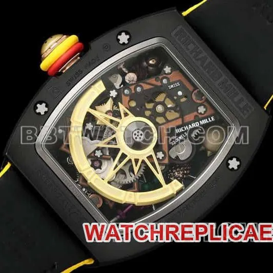 Richard Mille men's top-tier smiley tourbillon black shell yellow leather strap model RM 88caseback live photo
