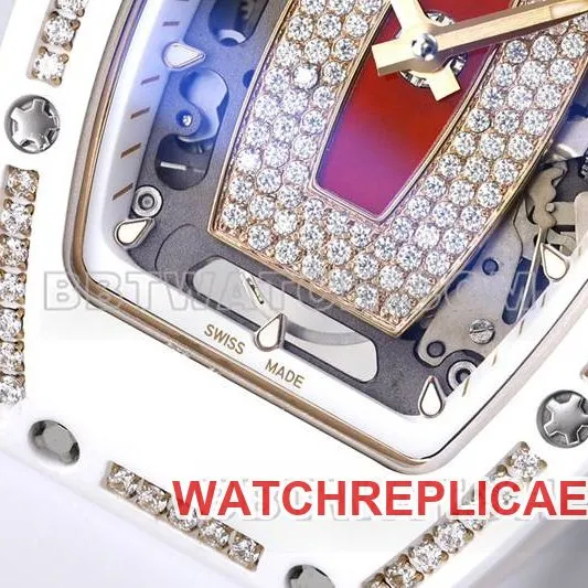 Richard Mille Watch ZF Factory White Ceramic Red Plate Diamonds Mechanical Watch RM07-1 Strap Actual Picture