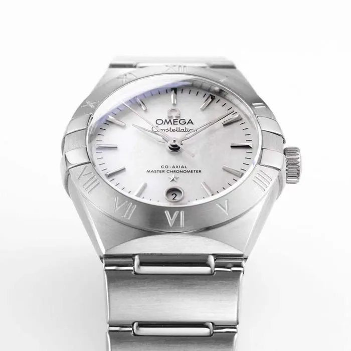 Top collectible watches Omega Women's White Plate Constellation Steel Strap Watch Front View