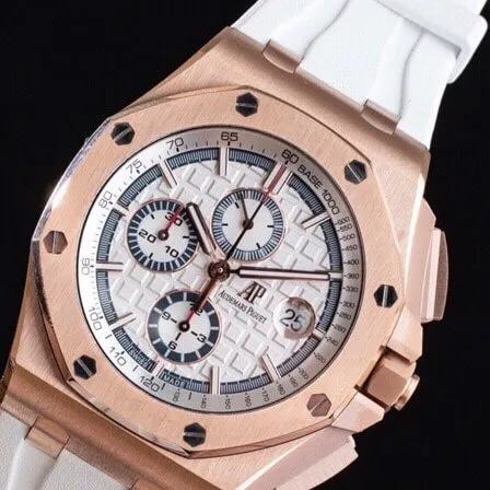 top-tiersuper cloneAPFrose goldwhite dialAudemars PiguetRoyal Oak offshore 26400 watch top-tier leather strap picture