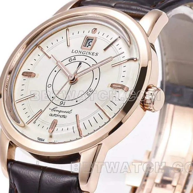AD factory Longines classic replicatop-tier 1:1high-quality replicaguilloché dialrose goldleather strap side live photo