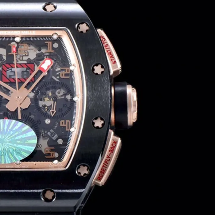 top-tier watch Richard Mille men's black dial automatic chronograph watch detail shots