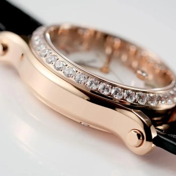 top-tier watch Chopard women's gold plate black belt happy diamond series leather strap watch movement picture