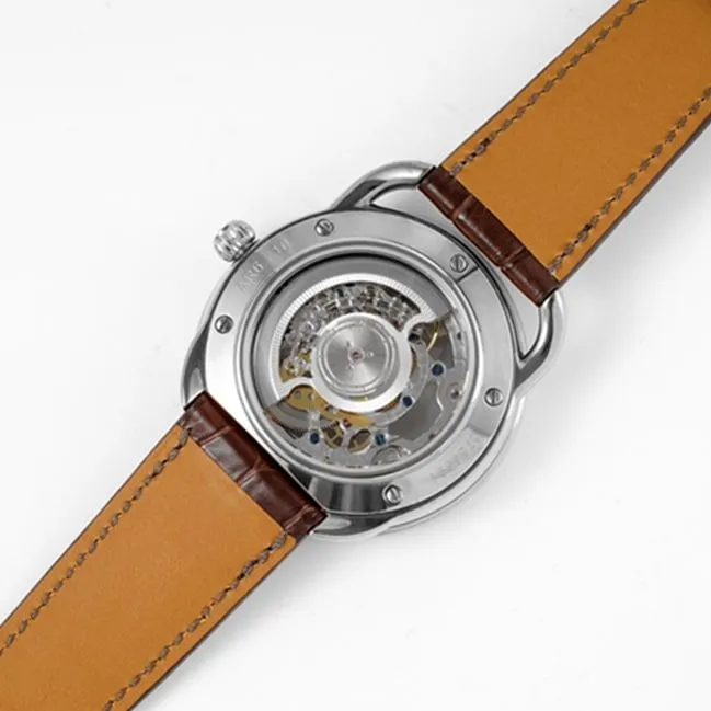 top-tier watch Hermès men's gray plate brown belt automatic movementleather strap watch detail shots