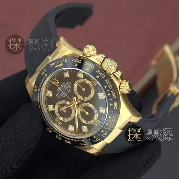 c factory DaytonaRolex1:1replica watch 18Kblack dial ring diamond chronographlume rubber leather bracelet front view