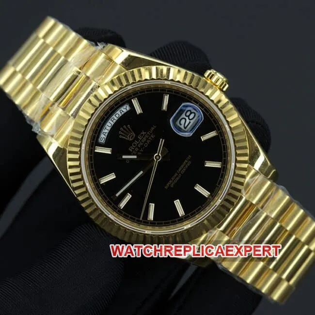 Rolex top collectible watches men's black plate gold band double calendar automatic mechanical front view