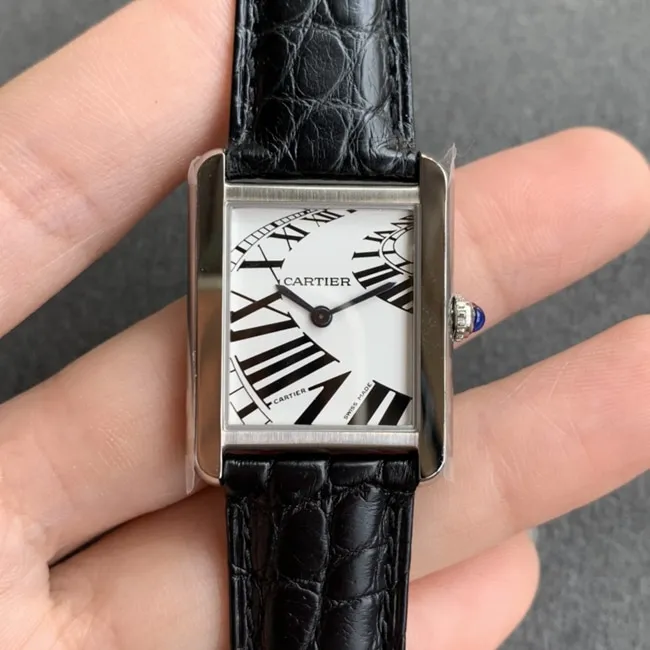 K11 factory top-tier watch Cartier women's white dial black belt tank series leather strap watch leather strap picture