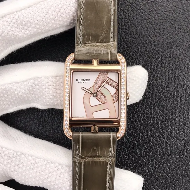 YF Factory Top collectible watches Hermes Women's White Plate Brown Strap Square Steel Belt Quartz Wristwatch Back Cover Figure
