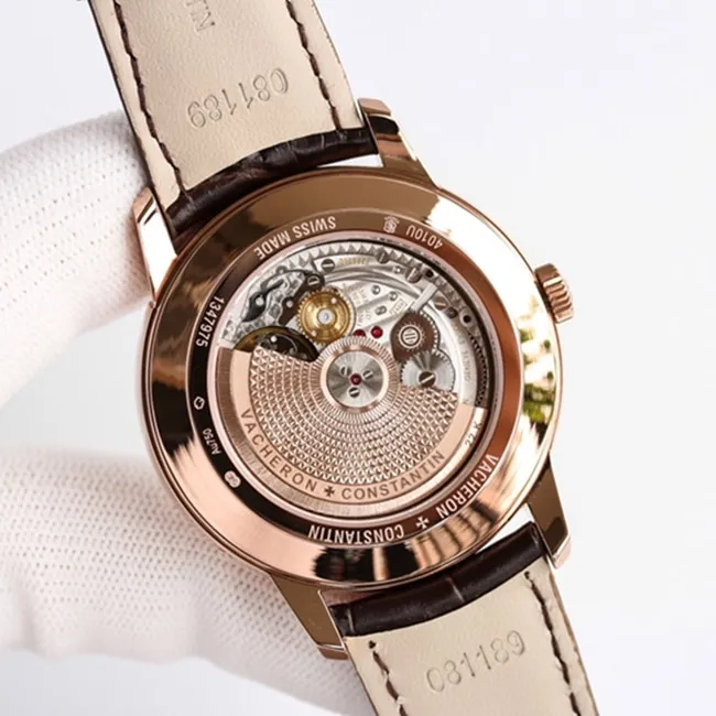 top-tier watch Vacheron Constantin men's white dial brown belt heritage series watch side view